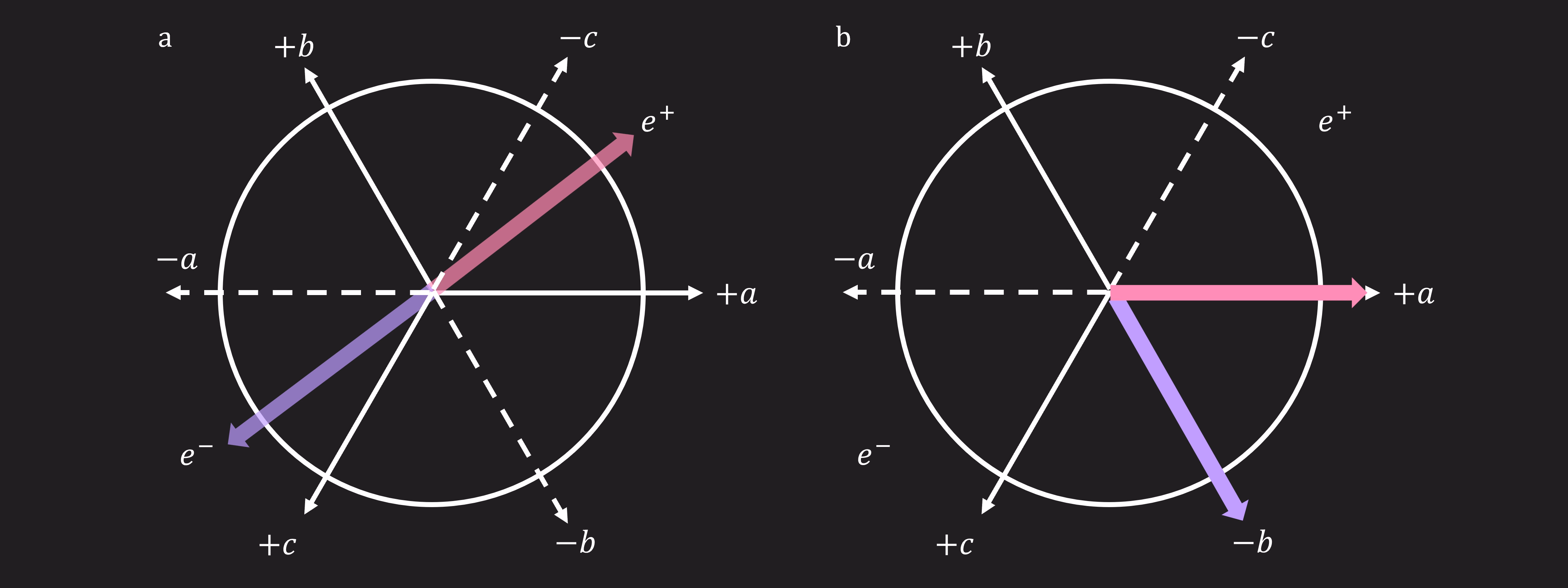 2つの初期スピンベクトルを示す図。その後、それぞれ正と負の方向を持つa、b、cの3本の線に沿った可能な測定が示されます。これらの軸は互いに垂直ではないため、ルーカスとリアナが偶然同じ軸に沿って測定することにしない限り、反対方向のスピンを測定することはありません。