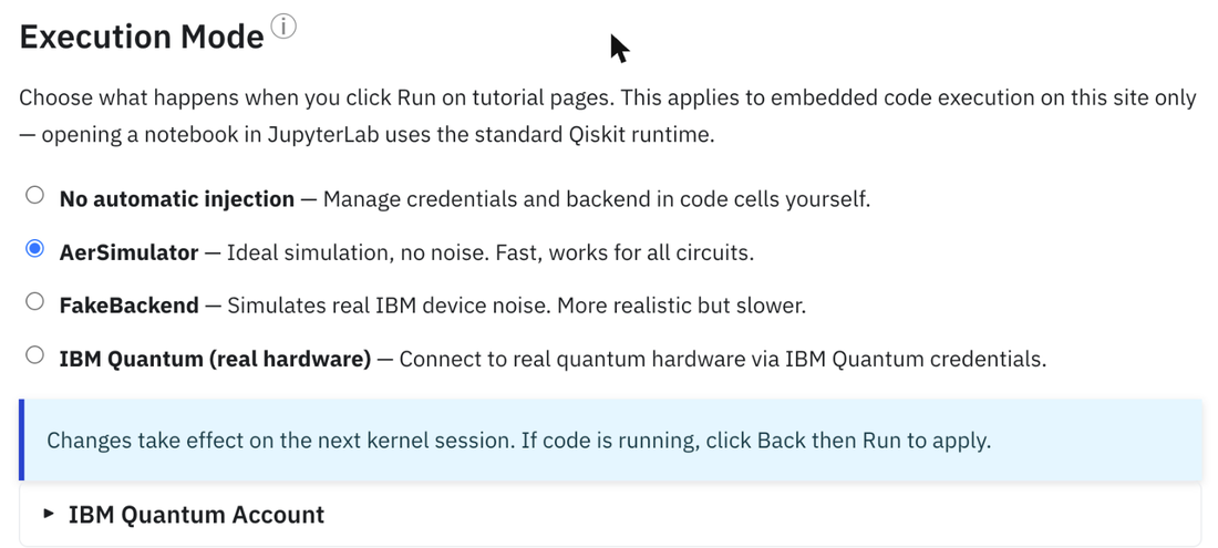 実行モードの設定:AerSimulator、フェイクバックエンド、またはIBM Quantum(実際のハードウェア)。